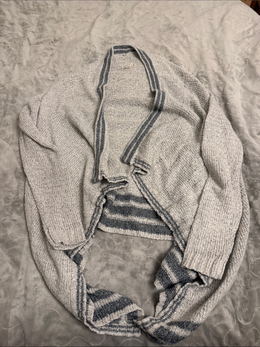Double Zero Light Gray Open-Front Cardigan with Navy Stripe Trim